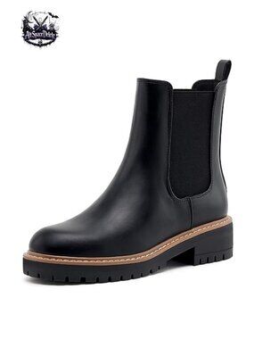 Faux Leather Chelsea Ankle Boots Slip On Chunky Block Heel Booties